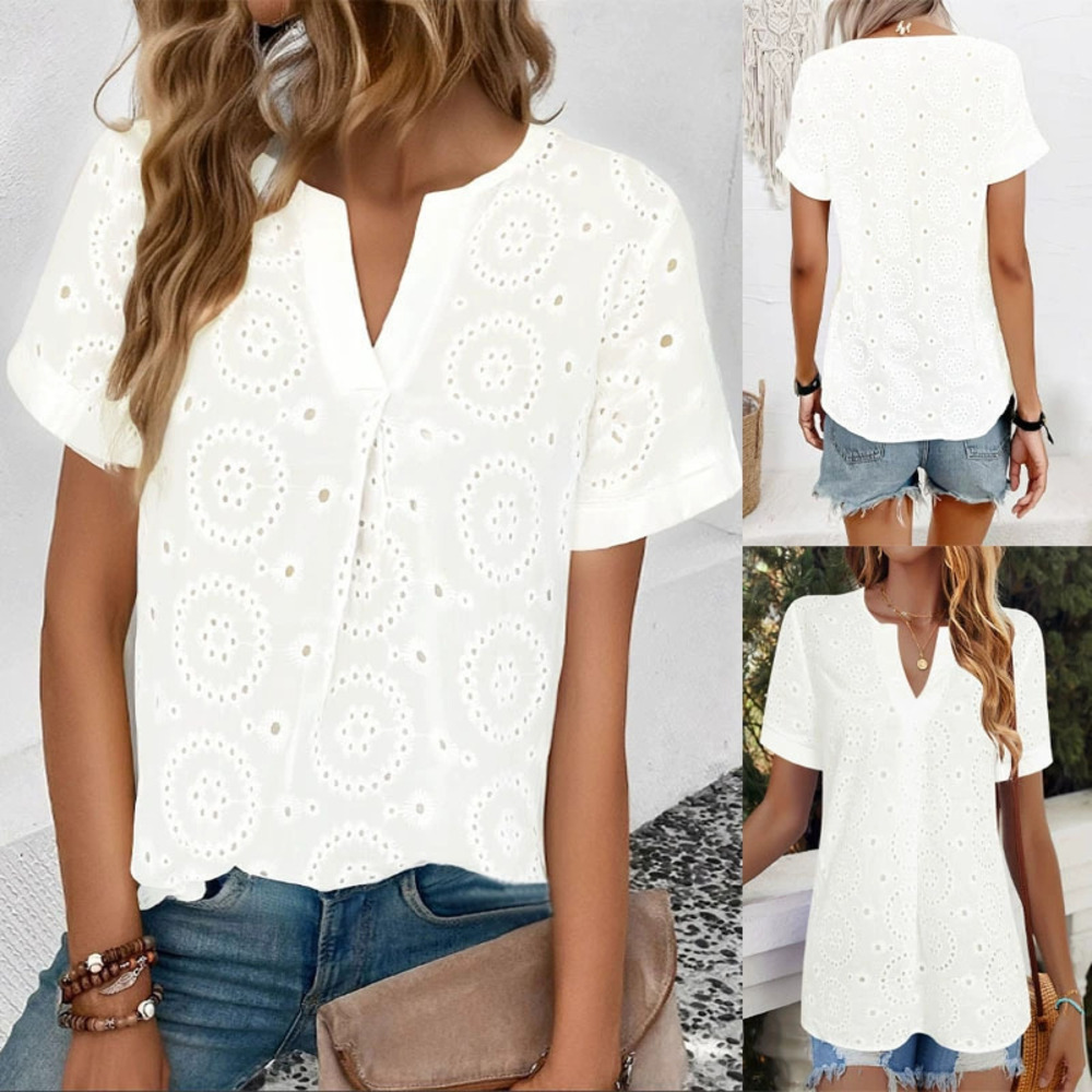 Forever 21 Summer Casual Short-Sleeve Hollow Out Floral Embroidered T-Shirt Top